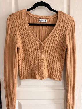 Hollister Camel Cable-Knit V-Neck Button Cardigan